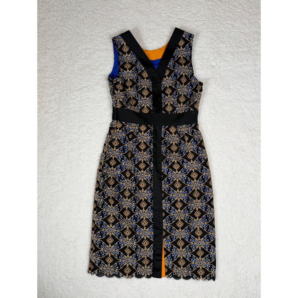 Anthropologie HD in Paris sz 4 Cutwork Column Geo Dress Black Gold Blue Lace - Picture 3 of 12